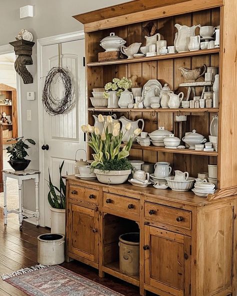 My Weathered Home Hutch Decorating Ideas Display, Kitchen Cabnet, Hutch In Kitchen, Kitchen Hutch Ideas, Pastel Pottery, Coffee Bar Hutch, Laundry Kitchen Combo, Bars In Kitchen, Yard Sale Ideas