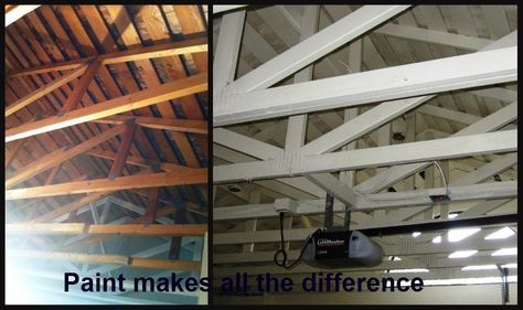 Garage renovation project.  Painting the trusses and ceiling shingles is definitely the way to go! http://DIYdithering.blogspot.com Painting Rafters Exposed Ceilings, Exposed Garage Ceiling, Pitched Roof Garage Conversion, Carport Makeover, Painted Garage, Garage Build, Exposed Trusses, White Garage, Exposed Beams Ceiling