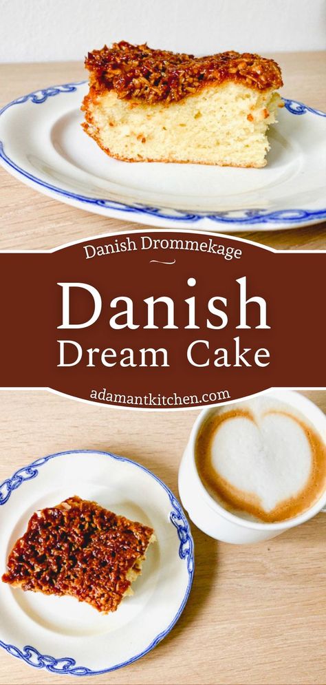 homemade Danish dream cake slice on a plate next to a homemade latte Danish Vegetable Recipes, Danish Dream Cake Milk Street, Danish Desserts Traditional, Danish Cake Recipe, Danish Dream Cake 12 Tomatoes, Danish Cream Cake, Danish Dinner Recipes, Danish Dream Cake Recipe, Traditional Danish Food