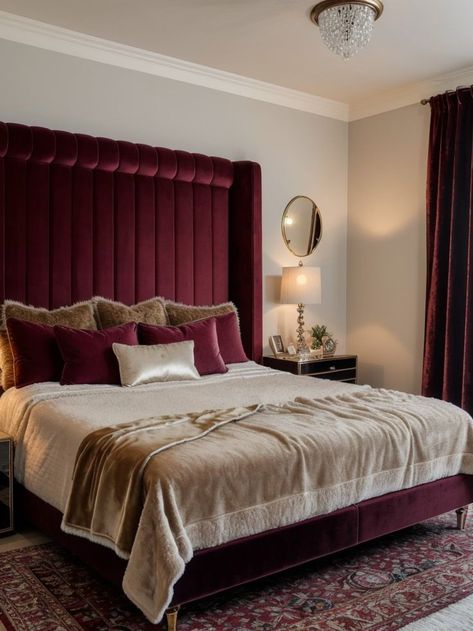 Burgundy Bedroom Ideas, Velvet Tufted Headboard, Red Headboard, Burgundy Bedroom, Glamorous Bedroom, Bohemian Bathroom Decor, Glamorous Aesthetic, Velvet Bedroom, Glamourous Bedroom