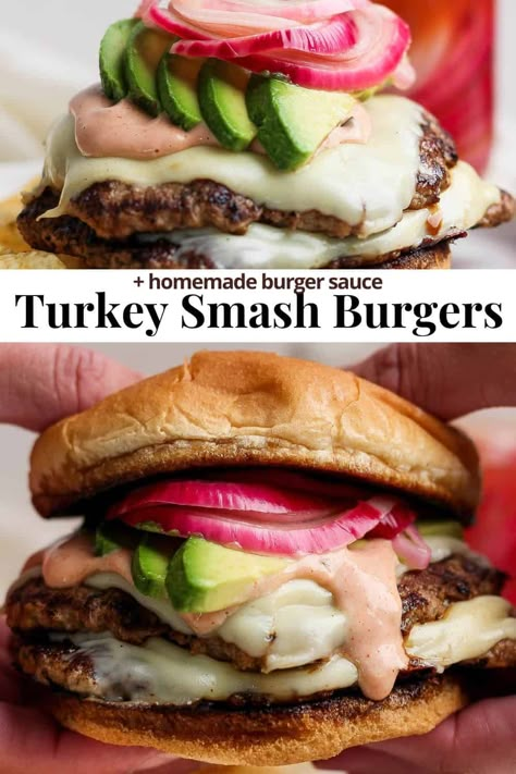 Turkey Smash Burgers - The BEST Turkey Smash Burger recipe! A juicy and flavorful burger with homemade burger sauce, cheese, avocado and pickled onions! #turkeysmashburgers #turkeysmashburgersblackstone #turkeysmashburgershealthy #turkeysmashburgersongriddle #groundturkeysmashburgers Turkey Burger Recipes Gluten Free, Turkey Burger Sauce Recipes, Smashed Turkey Burger Recipes, Low Carb Turkey Burgers, Juicy Turkey Burgers, Ground Turkey Smash Burgers, Healthy Smash Burger, Turkey Smash Burger Recipes, Turkey Burger Lunch