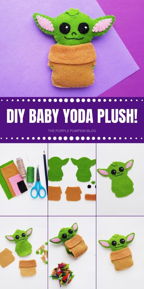 STOP EVERYTHING! You can make your own DIY Baby Yoda plush with this awesome tutorial! This craft is fun and simple and you end up with your very own cute mini felt Baby Yoda. So grab the free printable template, grab some felt fabric and start stitching! #DIYBabyYodaPlush #BabyYoda #BabyYodaCrafts #ThePurplePumpkinBlog #StarWarsCrafts #DisneyCrafts #TheMandalorian #Crafts #Sewing #FeltCrafts #Felt #Plushies #CuteCrafts #FunCrafts Diy Baby Yoda, Felt Crafts Kids, Felt Plushies, Star Wars Crafts, Felt Crafts Patterns, Felt Crafts Diy, Diy Bebe, Felt Baby, Baby Diy