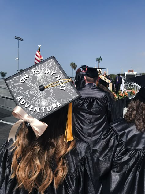 Simple Cap Graduation Decoration, Onto The Next Adventure Grad Cap, College Grad Cap Ideas Simple, Simple Cap Ideas For Graduation, Flight Attendant Graduation Cap, Graduation Cap Designs Travel, Travel Grad Cap, Cute Simple Graduation Caps, Aerospace Graduation Cap