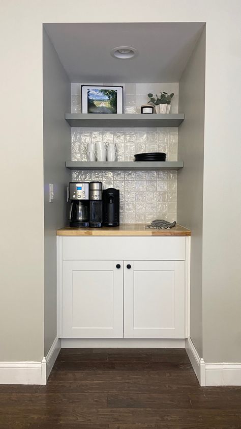 How we turned a closet into a coffee bar and added character to our builder grade home. Coffee Nook In Closet, Coffee Bar Closet Built Ins, Stock Cabinet Coffee Bar, Pantry Turned Into Bar, Closet Into Nook, Coffee Bar In Pantry Closet, Coffee Bar In Closet, Closet Turned Into Bar, Drink Station Home