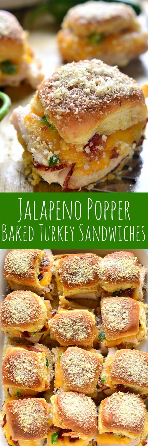 These Jalapeño Popper Baked Turkey Sandwiches are a delicious pairing of two favorites! Baked Turkey Sandwiches, Fingerfood Recipes, Baked Sandwiches, Slider Sandwiches, Types Of Sandwiches, Deli Sandwiches, Baked Turkey, Slider Recipes, Turkey Sandwiches