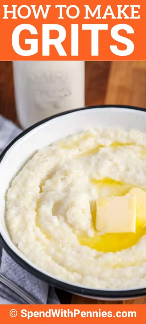 Grits are the best breakfast, lunch or supper side! Made with quick-cooking grits this easy recipe is ready in no time. Serve with shrimp, biscuits, or mixed with cheese! #spendwithpennies #howtomakegrits #grits #sidedish #breakfast #creamygrits #corngrits Shrimp Biscuits, Creamy Grits Recipe, Grits Recipe Breakfast, Easy Grits Recipe, Cooking Grits, Gourmet Entrees, How To Cook Grits, Creamy Grits, Grits Recipe