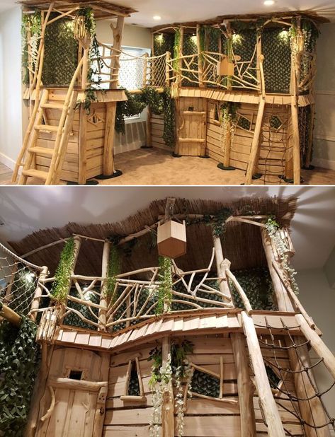 The Evening Woodworker, he has recently built an amazing two-story indoor treehouse in the basement of his house for his children. Tree House Bedroom For Boys, Tree House Bedroom Ideas, Basement Treehouse, Jurassic Park Bedroom Ideas, Indoor Treehouse Playroom, Tree House Ideas For Kids, Treehouse Interior Design, Jungle Gym Bedroom, Two Story Bedroom