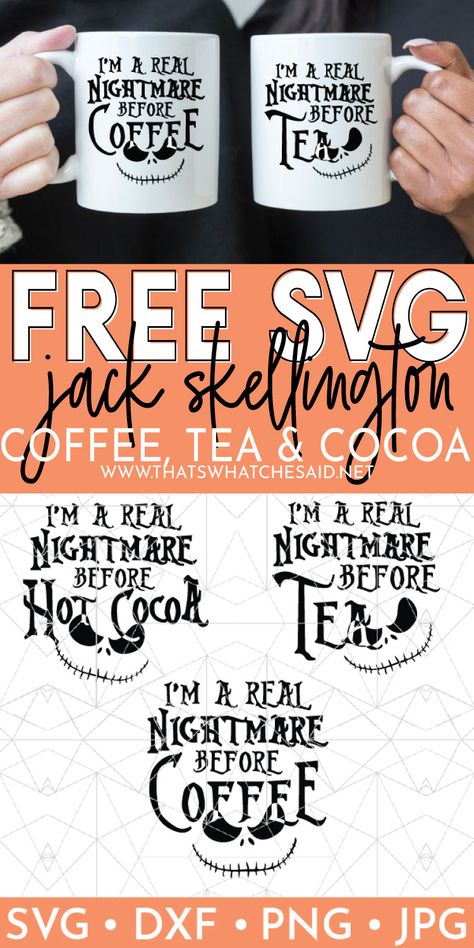 Combine your love of Nightmare Before Christmas with your favorite hot beverage! Free Halloween Mug SVG files for coffee, tea, and hot cocoa! Jack Skellington mugs also make great gifts! #freesvg #freehalloweensvg #jack #jackskellington Nightmare Before Christmas Mug, Christmas Fonts Free, Cricut Svg Files Free, Halloween Mugs, Cricut Halloween, Halloween Fonts, Cricut Projects Beginner, Coffee Svg, Christmas Fonts