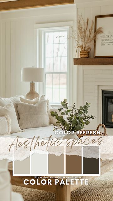 Lilly Ashley: Creating a Cozy and Versatile Living Room with a Neutral Farmhouse Style Modern Farmhouse Neutral Living Room, Taupe Color Schemes Living Rooms, Living Rooms With White Walls, Warm Neutral Living Room Paint Colors, Airy Farmhouse Living Room, Neutral Living Room Color Palette, Home Color Pallets Interior, Cozy Home Color Palette, Living Room Color Scheme Ideas Neutral