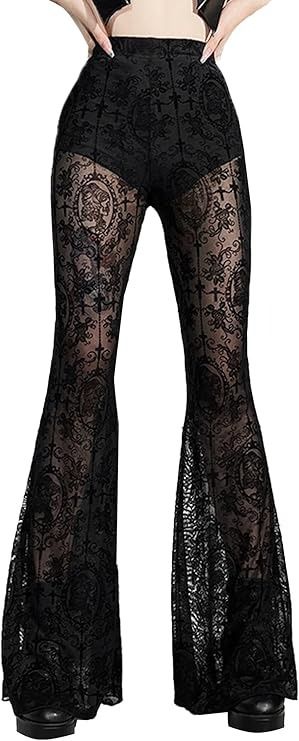 Women's Elastic Gothic Flare Pants High Waisted See Through Lace Bell Bottom Pants 70S Sexy Sheer Lace Flare Leg Pants Rave Clothes Black-c at Amazon Women’s Clothing store Alt Grunge, Outfit Clubwear, Rave Pants, Hip Hop Trousers, Velvet Flare Pants, Edm Outfits, Boot Cut Leggings, Velvet Flares, Lace Pants