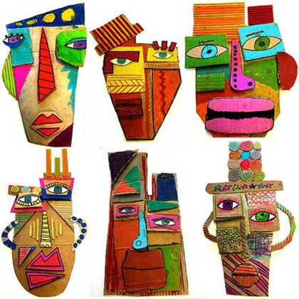 cardboard masks                                                                                                                                                                                 More Picasso Inspired Art, Cardboard Masks, Creative Self Portraits, Cardboard Mask, Classe D'art, Picasso Inspired, Self Portrait Art, Art Picasso, L'art Du Portrait