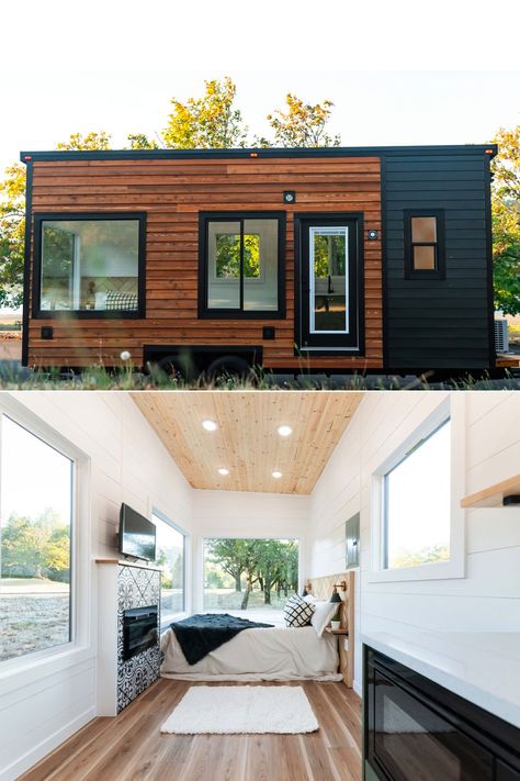 Vantage Legacy Tiny House With Fireplace has Single Floor Layout to Sleep Four Single Container Home Floor Plans, Single Floor Tiny House, 10x20 Tiny House Floor Plans Layout, Tiny House On Wheels Floor Plans, 10x20 Tiny House Floor Plans, House With Fireplace, Pod Design, Mobile Beauty, 20ft Container