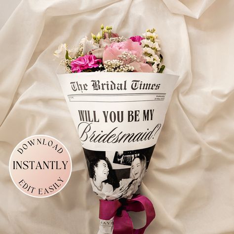 Surprise your bridesmaids with a proposal they won't forget! Propose to your bridesmaids with our bridesmaid newspaper template, a creative and personalized way to ask your closest friends and family members to join your special day. Perfect for adding to a bridesmaid proposal gift box or using as a flower bouquet wrap. ❤ 𝐖𝐡𝐲 𝐘𝐨𝐮'𝐥𝐥 𝐋𝐨𝐯𝐞 𝐈𝐭  ❤ * Make your bridesmaid proposal stand out with a personalized and memorable touch. * Customize effortlessly with our user-friendly Canva tem Ideas For Asking Bridesmaids, Cute Ways To Ask Bridesmaids, Brides Proposal, Newspaper Flower Bouquet, Bridesmaid Newspaper, Bridesmaid Info Card, Newspaper Flowers, Newspaper Template, Bouquet Wrap