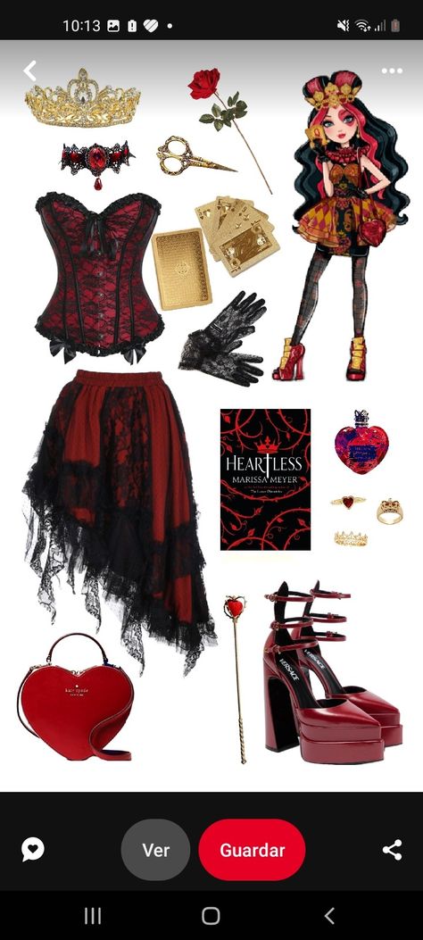 Queen Of Hearts Cosplay Diy, Ever After High Outfits Inspiration, Queen Of Hearts Aesthetic Outfits, Queen Of Hearts Diy Costume, Queen Of Hearts Costume Ideas, Queen Of Hearts Inspired Outfits, Halloween Queen Of Hearts, Spooky Fits, Queen Of Hearts Cosplay