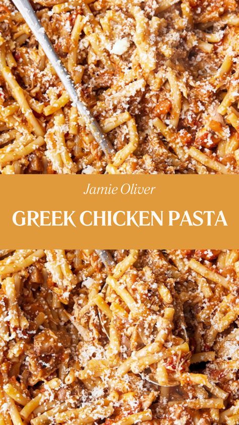 Jamie Oliver Greek Chicken Pasta Jamie Oliver 5 Ingredients, Jamie Oliver Chicken, Jaime Oliver, Greek Chicken Pasta, Carrots And Celery, Italian Meals, Halloumi Cheese, Greek Pasta, Macaroni Pasta