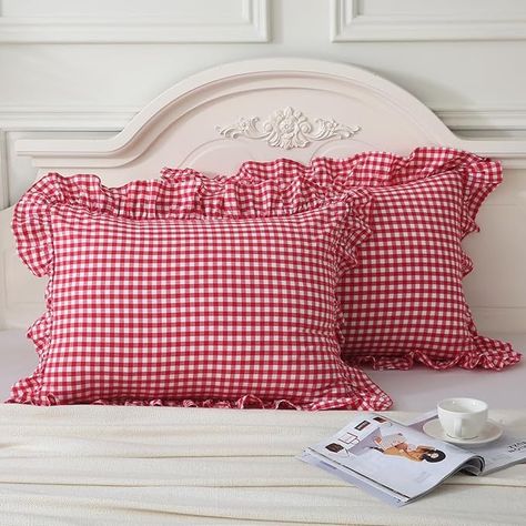 Amazon.com: Mywinlle Red/White Plaid Pillow Shams Standard Size Set of 2,Shabby Checkered Ruffle Pillow Cover Washed Cotton Pillowcases(20"x26",Red/White Plaid : Home & Kitchen Farmhouse Pillow Covers, Plaid Pillow Covers, Ruffle Pillow, Farmhouse Pillow, Plaid Pillow, Red Throw Pillows, Red Home Decor, Dorm Ideas, Euro Pillow