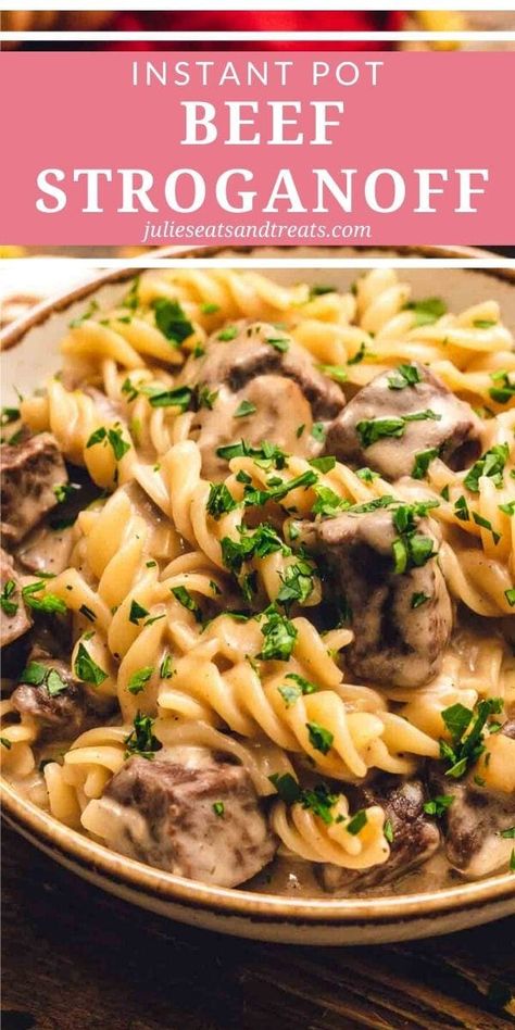 Instant Pot Beef Stroganoff is a delicious and easy dinner recipe made in your pressure cooker. Tender stew meat in a creamy sauce served over egg noodles. It's a family favorite that will be requested again and again. The leftovers reheat great if you have any left! #stroganoff #instantpot Tender Stew Meat, Instant Pot Beef Stroganoff, Tender Beef Stew, Crockpot Recipes Beef Stew, Beef Stew Crockpot, Potted Beef, Easy Dinner Recipe, Beef Stew Meat, Comfort Food Recipes Dinners