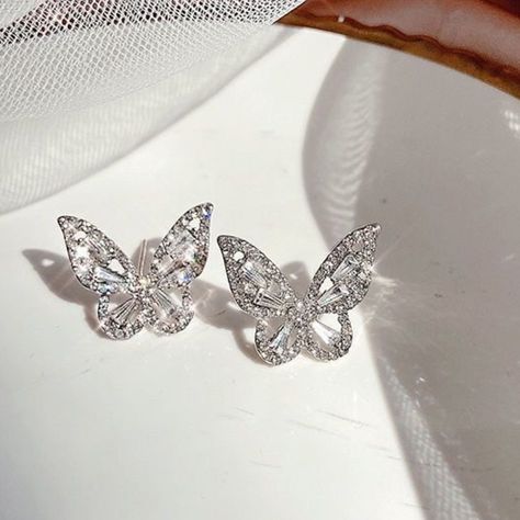 Silver Alloy Butterfly Shaped Earrings With Cubic Zirconia Stone. 925 Silver Post Silver Earrings Butterfly, Butterfly Earrings Silver, Trendy Earrings Silver, Cute Earrings Silver, Dragon Goddess, Silver Earrings Aesthetic, Descendants Dr, Purple Drop Earrings, Neutral Earrings