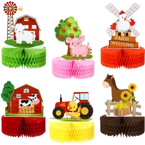 PRICES MAY VARY. Party decorations: you will get 6 pieces of farm animals honeycomb centerpieces in different styles, the cute designs and the proper size make these farm animals decorations become the shining and adorable party supplies for the birthday party Distinct design: these farm animals table centerpieces are available in 6 lovely designs with classic farm animal theme colors, which are embellished with various farm animals patterns, such as pigs, cows, chickens, sheep and so on, which Farm Themed Cake, Kids Party Centerpieces, Farm Party Decorations, Farm Animals Decor, Farm Themed Party, Outdoor Table Decor, Barn Party, Farm Theme Birthday, Farm Animals Theme