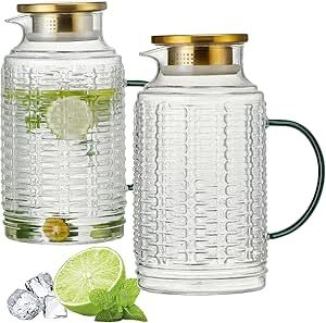 Buaic Glass Pitcher with Lid, 2 PACK 68 oz/2L Liter Vintage Water Pitcher, Clear Borosilicate Glass Water Carafe for Cold Brew, Coffee, Lemonade, Iced Tea,Beverage, Heat Resistant Water Glass Jug Casual Place Settings, Coffee Lemonade, Glass Water Carafe, Lemonade Iced Tea, Pitcher With Lid, Water Carafe, Glass Jug, Water Pitcher, Water Pitchers