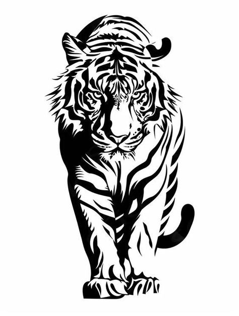 The image is a black and white illustration of a tiger. The tiger is facing forward, with its head held high and its eyes narrowed. Its stripes are clearly defined, and its body is muscular. The tiger is depicted in a predatory stance, with its paws poised to strike. The image is striking in its simplicity, and it captures the power and beauty of this magnificent animal.  ... daha fazla Tiger Vector Design, Tiger Pattern Design, White Tiger Illustration, Tiger Painting Abstract, Tiger Line Art, Tiger Outline, Tiger Stencil, Image Random, Biker Logo Design