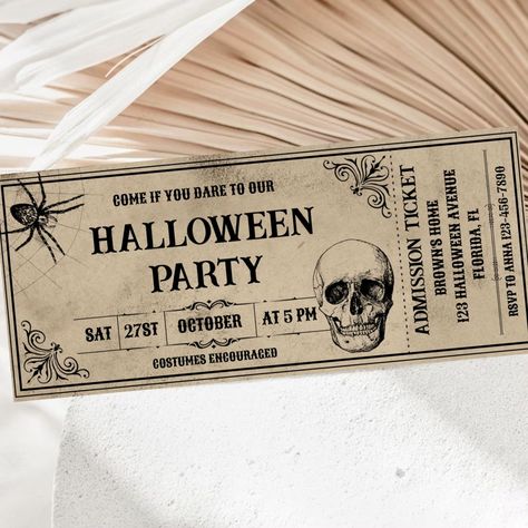 Step back in time with our Vintage Halloween Party Ticket Invitation. Embrace the spookiness of Halloween and celebrate with an adult costume party featuring "Costumes and Cocktails" or "Boos and Booze." This unique ticket-style invitation adds a touch of nostalgia to your Halloween gathering. Get ready for a night of thrills and chills with our Halloween invitations adorned with classic Halloween symbols like skulls, skeletons, and a gothic touch. Don't miss out on the eerie fun—grab your ticke Halloween Ticket Design, Halloween Invitation Ideas Diy, Halloween Invations Ideas, Halloween Party Invitations Ideas, Halloween Party Aesthetic Grunge, Halloween Party Invitations For Adults, Halloween Invitation Ideas, Aesthetic Halloween Party, Halloween Tickets