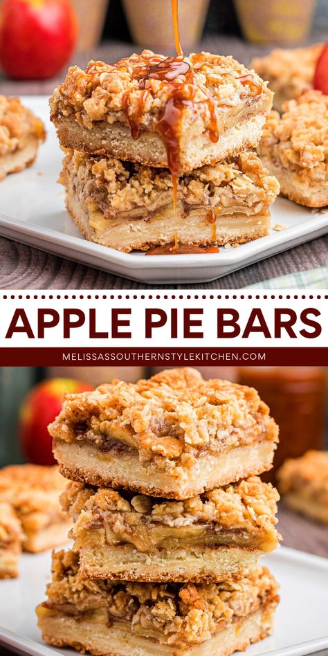 Nothing compares to homemade apple pie bars! They're a sweet treat to make for Thanksgiving. From the shortbread crust to the streusel topping, this Thanksgiving dessert idea is one of the best apple recipes! Apple Pie Shortbread Bars, Apple Pie Bars Recipe Easy, Apple Bar Cookies, Apple Pie Cookie Bars, Thanksgiving Brunch Desserts, Apple Pie Oatmeal Bars, Apple Thanksgiving Recipes, Apple Streusel Bars, Easy Desserts Bars