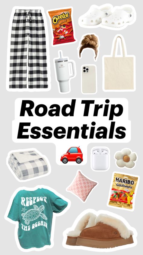 Road trip essentials 🚗🏝️ #roadtrip #outfitinspo #preppy #aesthetic #collage #car #vacation #cozy Preppy Aesthetic Collage, 8th Grade Tips, Road Trip Necessities, What To Pack For Vacation, Road Trip Bag, Road Trip Kit, Making A Gift Basket, Road Trip Packing List, Road Trip Activities