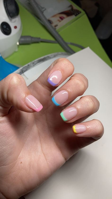 Partial French Tip Nails, Pastel Tip Nails, Bright French Tip Nails, Pastel French Manicure, French Manicure Short, Short French Manicure, French Manicure Short Nails, Manicure Short Nails, Colored French Nails