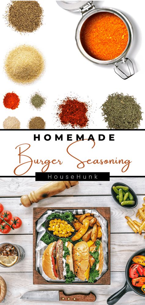 This Homemade Burger Seasoning recipe with cayenne pepper, garlic powder, onion powder, dried oregano, dried thyme, paprika, salt, and pepper is perfect for seasoning burgers at home. It is an easy-to-make dry spice mix which is a great recipe for busy moms and dads and a very useful spice mix to have on hand. #burgerrecipe #homemadeseasoning #spicemix Tap to see more recipes and cooking inspiration from House Hunk + Fatherhood at Its Finest Diy Burger Seasoning, Burger Seasoning Recipe, Hamburger Spices, Hamburger Seasoning Recipe, Best Burger Seasoning, Burger Recipes Seasoning, Burgers At Home, Easy Homemade Burgers, Easy Burgers