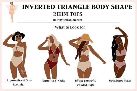 How to Choose Bikinis for Inverted Triangle Body Shape - Fashion for Your Body Type Athleisure Outfits Inverted Triangle, Inverted Triangle Body Shape Swimsuit, Swimwear For Inverted Triangle Shape, Swimsuits For Inverted Triangle Shape, Shorts For Inverted Triangle Body Shape, Inverted Triangle Swimwear, Inverted Triangle Swimsuit, Inverted Triangle Summer Outfits, Tops For Inverted Triangle Shape