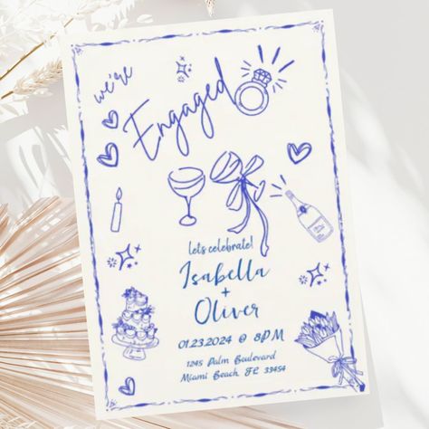 A modern whimsical and funky hand drawn scribble engagement invitation following the latest trend in wedding stationary. Greek Engagement Party, Doodle Save The Date, Aesthetic Engagement Party, Something Blue Engagement Party, Cheers Doodle, Engagement Watercolor, Blue Engagement Party, Chic Engagement Party, Engagement Invitation Card Design