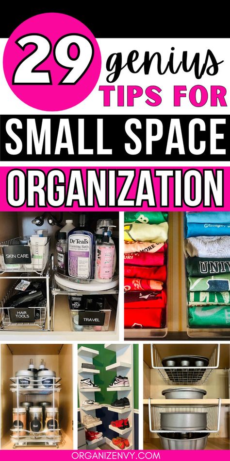 Collage of photos showing organizing ideas under a small bathroom sink, t-shirts in drawer organizers, spice storage in a small cabinet, shoes stored on wall shelves, and baking pans in a small cabinet. Small Space Living Room Ideas, Small Laundry Room Storage Ideas, Tips For Small Bedrooms, Space Living Room Ideas, Sewing Room Organization Diy, Diy Storage For Small Spaces, Small Laundry Room Storage, Small Space Storage Ideas, Space Storage Ideas