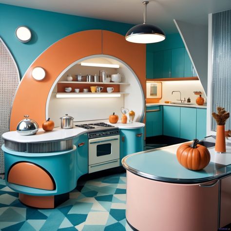 Retro Futurism Kitchen, Retro Futurism Exterior, Retrofuturism Decor, Space Age Kitchen, Retro Futurism Interior, 50s Interior Design, 50s Interior, Disney Minimalist, Retro Kitchens