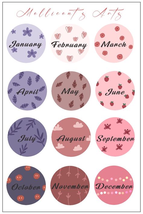 Months Stickers Printable, Aesthetic Circle Stickers Printable, Asethic Stickers, Flowers Stickers Printable, Circle Sticker Design, Printable Bullet Journal, Free Printable Planner Stickers, Bullet Journal Paper, Month Stickers