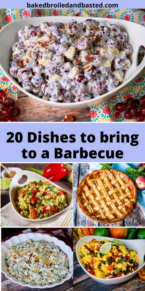 This collection of recipes has appetizers, classic BBQ sides and salads, and sweet summer desserts. This is a one stop shop for all of those things you want to make for a BBQ.  #BBQsides, #summersides, #BBQ Side Dishes Bbq Parties, Recipes For Cookouts Parties, Summer Bbq Potluck Ideas, Cookout Casseroles, Sides To Take To A Bbq, Barbecue Potluck Dishes, Bbq Cooking Ideas, Barbque Ideas Recipes, Classic Bbq Food