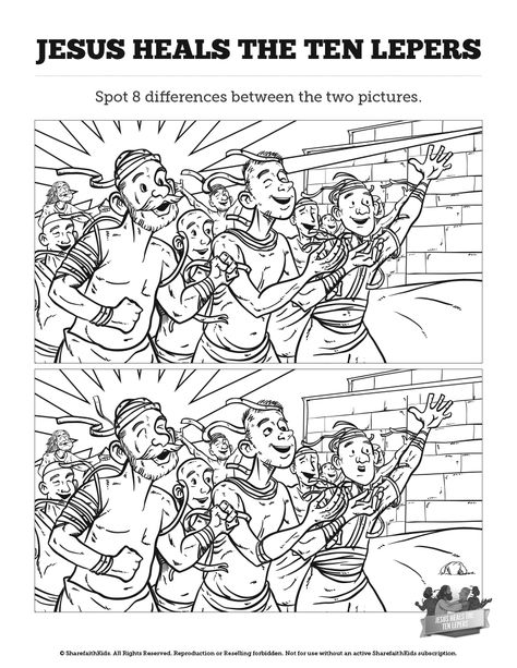 Luke 17 Ten lepers Kids Spot The Difference: Think these ten lepers illustrations look the same? You're going to want to take a second look! With the kind of playful fun your kids love, this ten lepers activity page is perfect for your upcoming Luke 17 Sunday school lesson. The Ten Lepers, Sunday School Worksheets, Luke 17, Sunday School Coloring Pages, Kids Sunday School Lessons, Bible Verse Coloring Page, Bible Activities For Kids, Bible Verse Coloring, Bible School Crafts