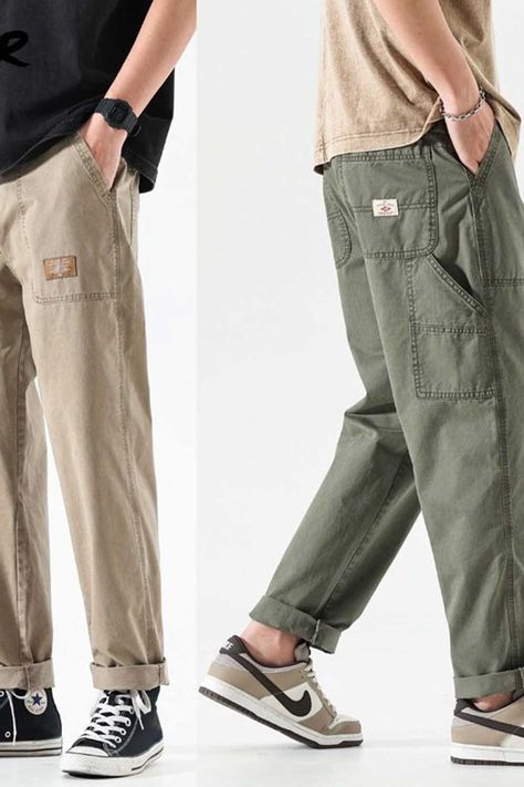 Men’s Fashion Cotton Cargo Pants Casual Outfits Men Fall, Vans Outfit Men, Cargo Pants Outfit Men, Straight Cargo Pants, Male Streetwear, Mens Smart Casual Outfits, Pants Outfit Men, Casual Cargo Pants, Cute Nike Outfits