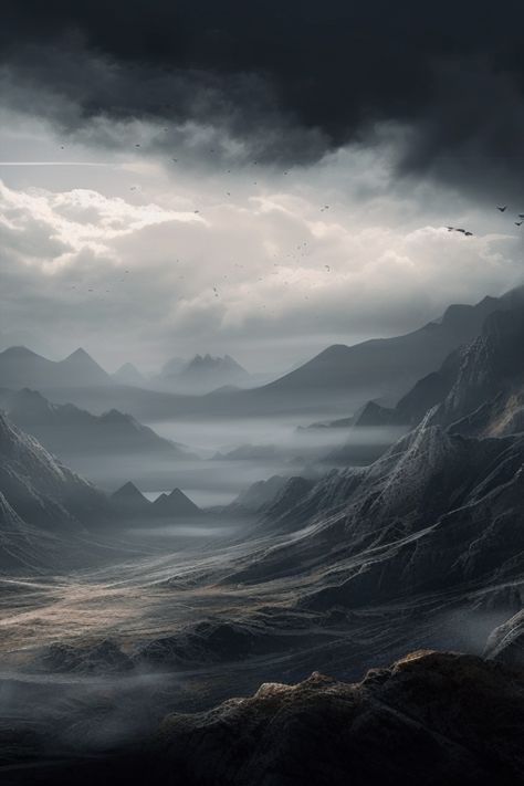 Dark Wilderness Aesthetic, Fantasy Void Landscape, Desolate Landscape Fantasy Art, Dark Valley Aesthetic, Desolate Aesthetic, Dark Mountain Aesthetic, Fantasy Wilderness, Desolate Landscape, Moody Atmosphere