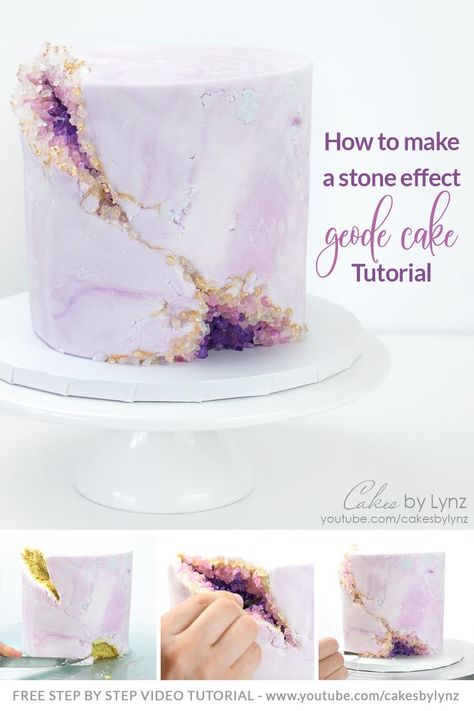 How to make a Stone Fondant Effect Geode Cake Tutorial with Sugar Crystals Geode Cake Tutorial, Cake With Edible Gold, Edible Gold Paint, Paint Cake, Birthday Cake Tutorial, Geode Cake Wedding, Purple Cakes Birthday, Buttercream Cake Designs, Cake Decorating Courses