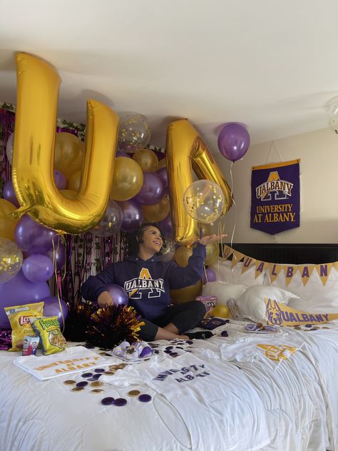 University Of Albany, College Acceptance Announcement, Decision Day Ideas, Stuff For College, College Announcements, University At Albany, Decision Day, College Acceptance, Dream College