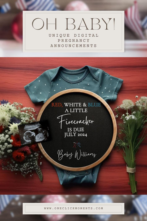 Celebrate your bundle of joy's upcoming arrival with our 4th of July Pregnancy Announcement! This digital template is steeped in patriotic charm, offering a beautiful and heartwarming way to share your news on Instagram and other social platforms. It's the perfect blend of American spirit and the anticipation of new life, ideal for a gender-neutral announcement. 4th Of July Baby Announcement, July Baby Announcement, July Pregnancy Announcement, 3rd Baby Announcement, Unique Baby Announcement, It's A Boy Announcement, Patriotic Baby, Kid Life, July Baby