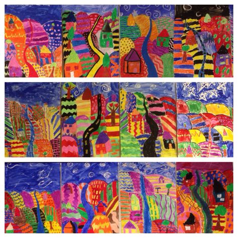 4th grade David Hockney landscapes - Mrs. Pilarcik's Elementary Art David Hockney Inspired Art, David Hockney Landscapes, Hockney Paintings, Line Types, 7 Elements Of Art, Landscape Art Lessons, David Hockney Art, Virtual Teaching, Fall Art Projects