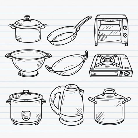 Kitchen handdrawn doodle illustration Pr... | Premium Vector #Freepik #vector #food #restaurant #cartoon #kitchen Kitchen Tools Drawing, Restaurant Cartoon, Utensils Drawing, Kitchen Sketch, Vector Kitchen, Kitchen Cartoon, Cartoon Kitchen, Cooking Icon, Recipe Book Design