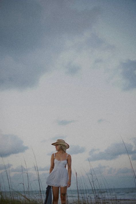 Tecovas, boots, costal cowgirl, beach, florida, hat, straw hat, cowboy hat, cowboy boots, white dress, denim jacket, blue hour, photoshoot Cowboy Boots White Dress, White Dress Denim Jacket, Blue Hour Photoshoot, Tecovas Boots, Cowboy Boots White, Cowgirl Beach, Cowgirl Photoshoot, Denim Photoshoot, Dress Denim Jacket