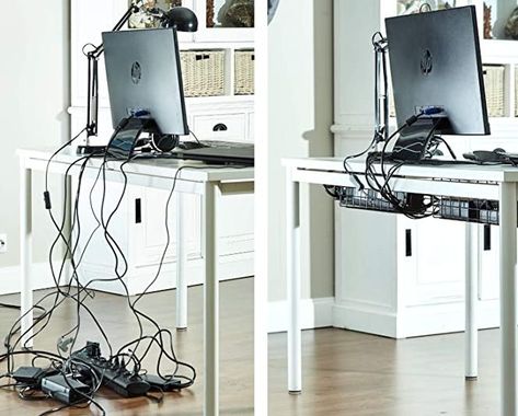 Hide Computer Cords, Under Desk Cable Management, Organize Cables, Under Desk Cable, Desk Cable Management, Hidden Desk, Hide Cords, Sleek Desk, Hide Cables