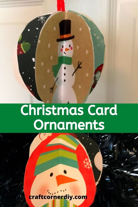 Christmas Card Ornaments Made From Old Cards | Recycled Christmas Card Ornaments, Ornaments From Christmas Cards, Easy Elementary Christmas Crafts, Recycled Christmas Card Crafts, Recycling Christmas Cards, Old Christmas Card Crafts, Upcycle Christmas Cards, Crafts With Old Christmas Cards, Recycled Christmas Cards