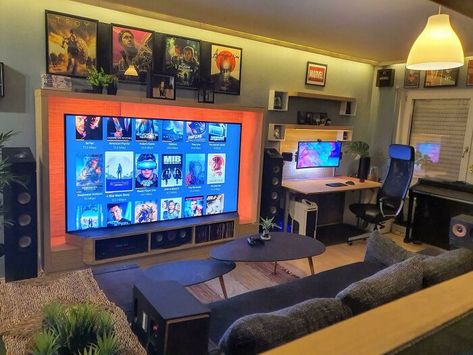 My Happy Place Small Tv Game Room, Small Office Hangout Room Ideas, Urban Loft Apartment Modern, Mcm Game Room, Gaming Set Up In Living Room, Gaming Setup In Living Room, Console Gaming Room, Gaming Setup Living Room, Small Gaming Room