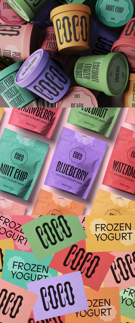 Healthy Ice Cream Packaging, Frozen Food Branding, Frozen Yogurt Branding, Yogurt Branding Design, Unconventional Typography, Frozen Yogurt Aesthetic, Yogurt Branding, Yogurt Packaging Design, Candy Branding