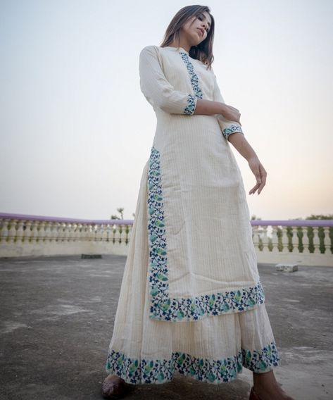 Ivory Lurex Double Layer Maxi Dress with Turquoise Emrboidery Plain Kurtas Women, Off White Kurti Designs Cotton, Plain White Kurta Designs Women, Plain Suit Designs Indian Style, White Cotton Suit Designs, Plain Suit Designs Indian Style Latest, Latest Plazzo Suits Designs, Embroidered Suit Designs, Cotton Salwar Suit Designs Latest